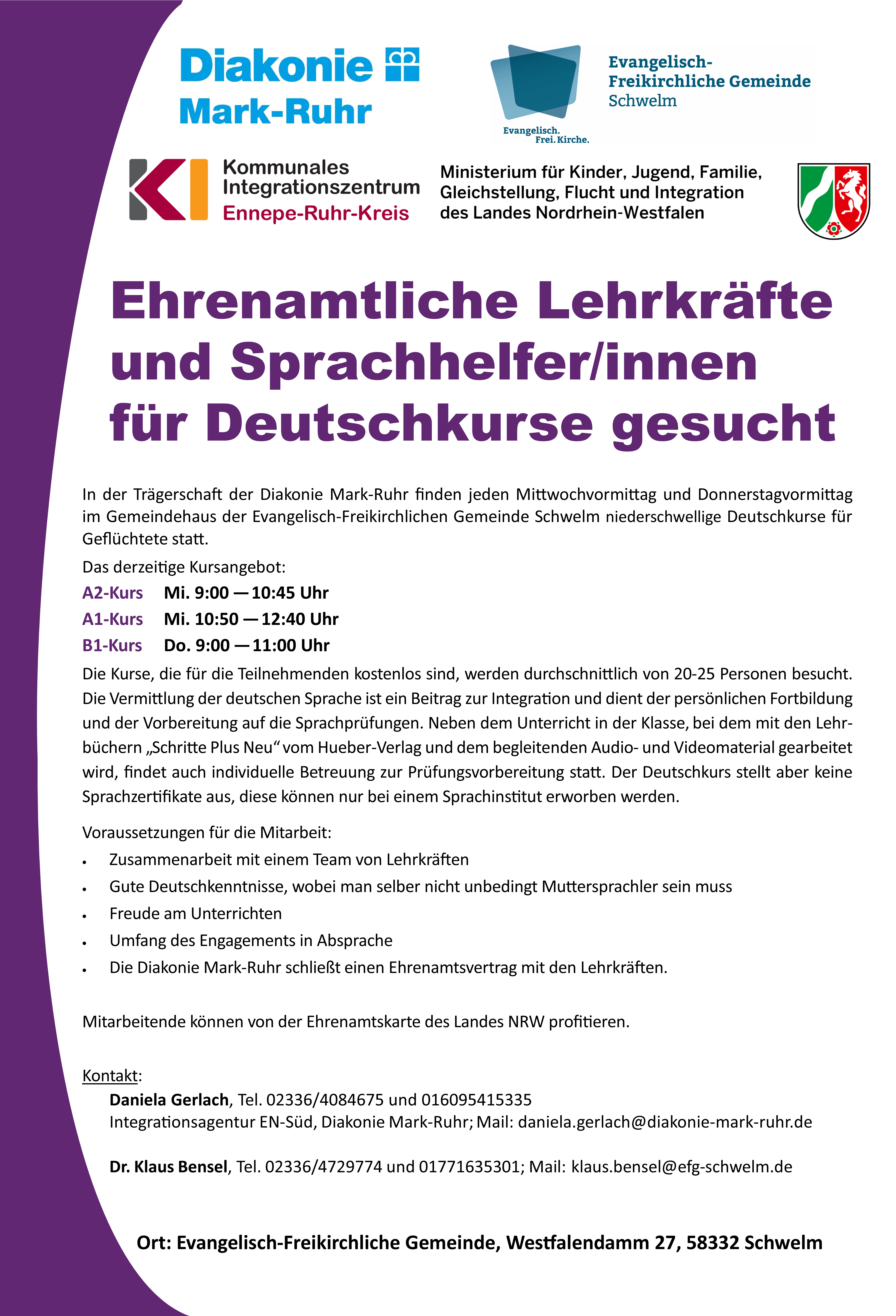 Ehrenamtliche Lehrkräfte für Deutschkurse gesucht